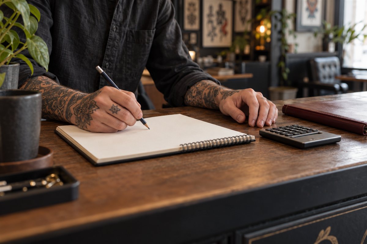 Tattooed adult hands at a planning desk with a blank notebook, calculator and burgundy folder