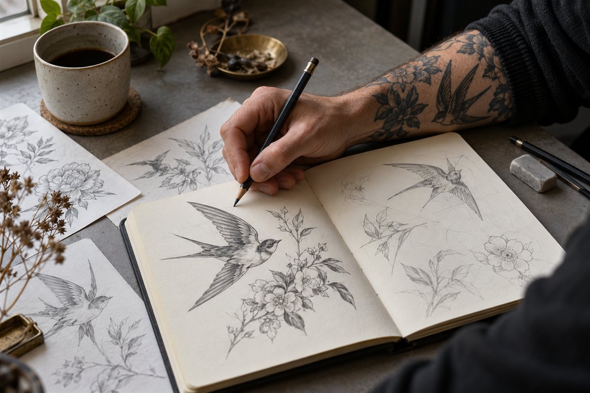 Tattooed adult hand drawing bird and botanical studies in a sketchbook