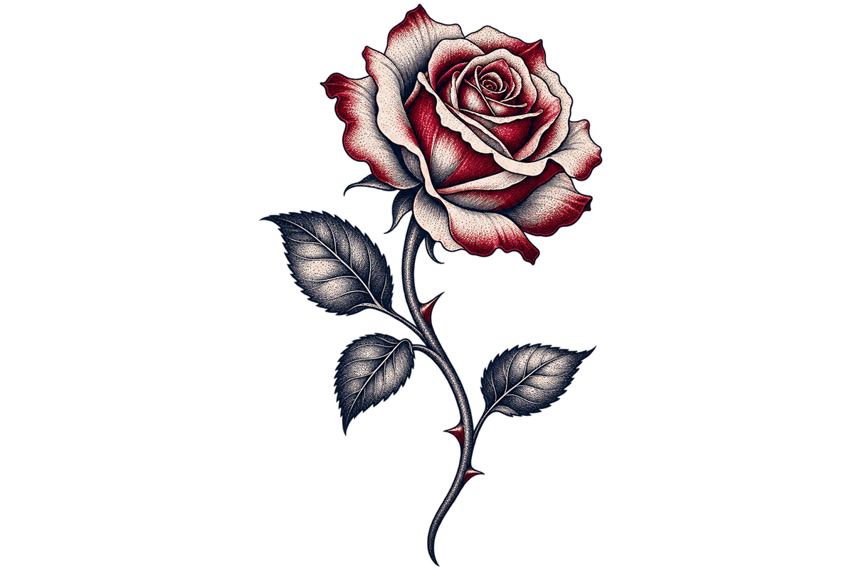Original navy and burgundy engraved rose illustration on a transparent background