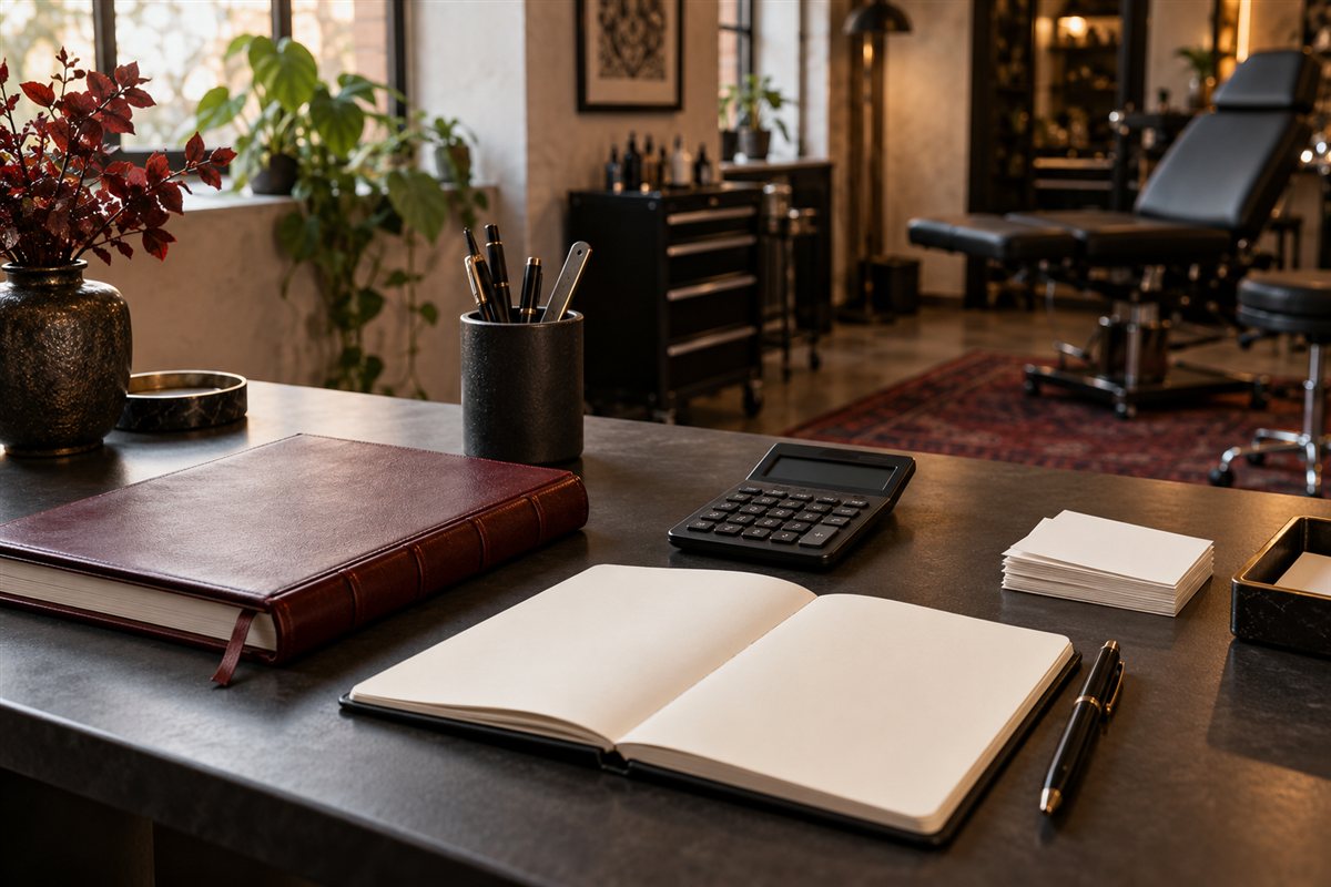 Studio business desk with a burgundy ledger, calculator and blank notebook