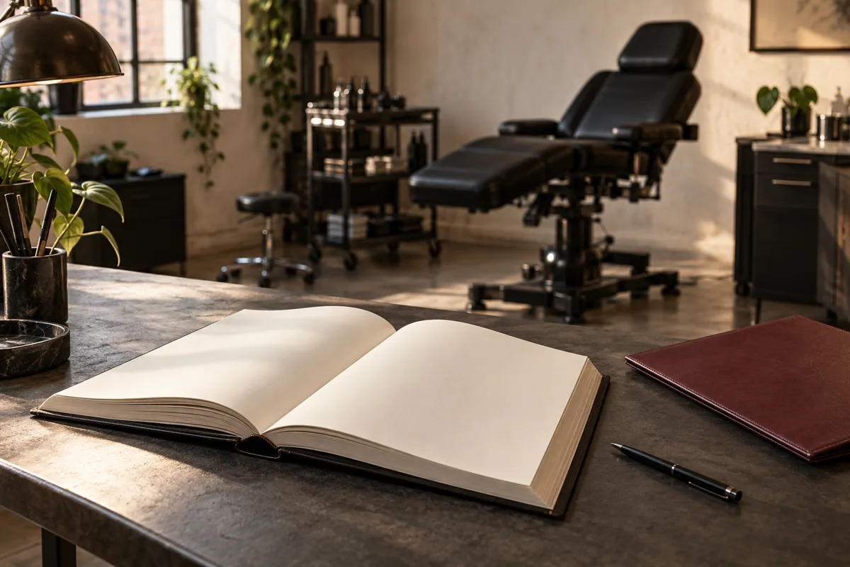 Open blank reference book and burgundy folder on a desk in a concept tattoo studio