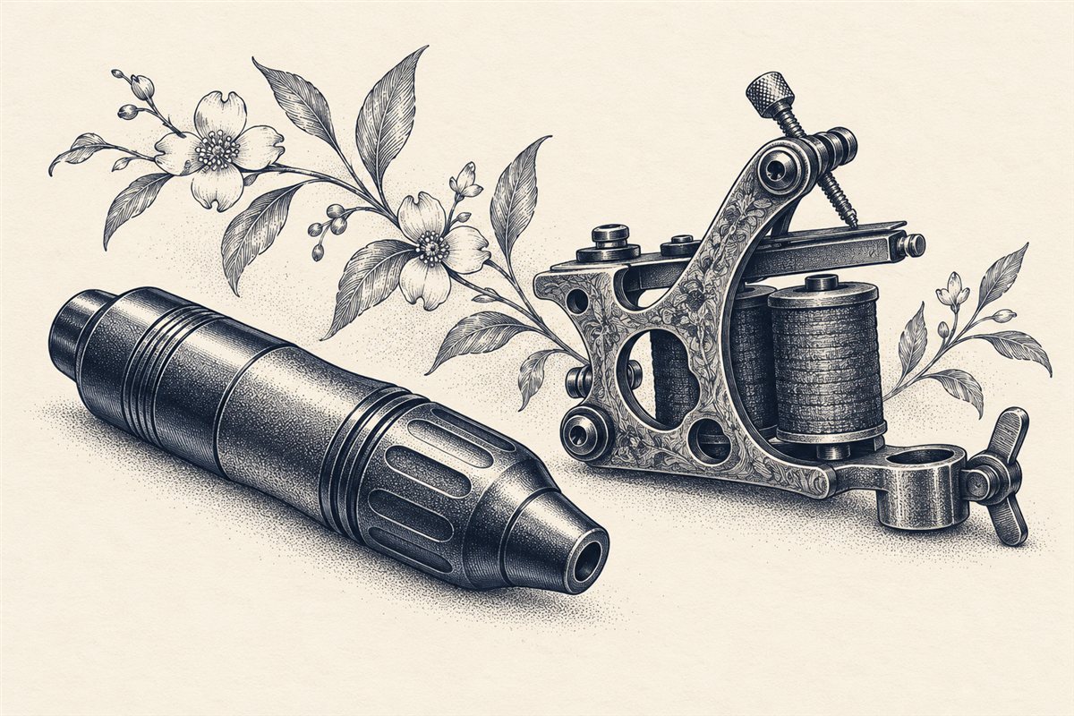 Midnight-blue engraved illustration of pen-style and coil-style machine bodies with botanical decoration