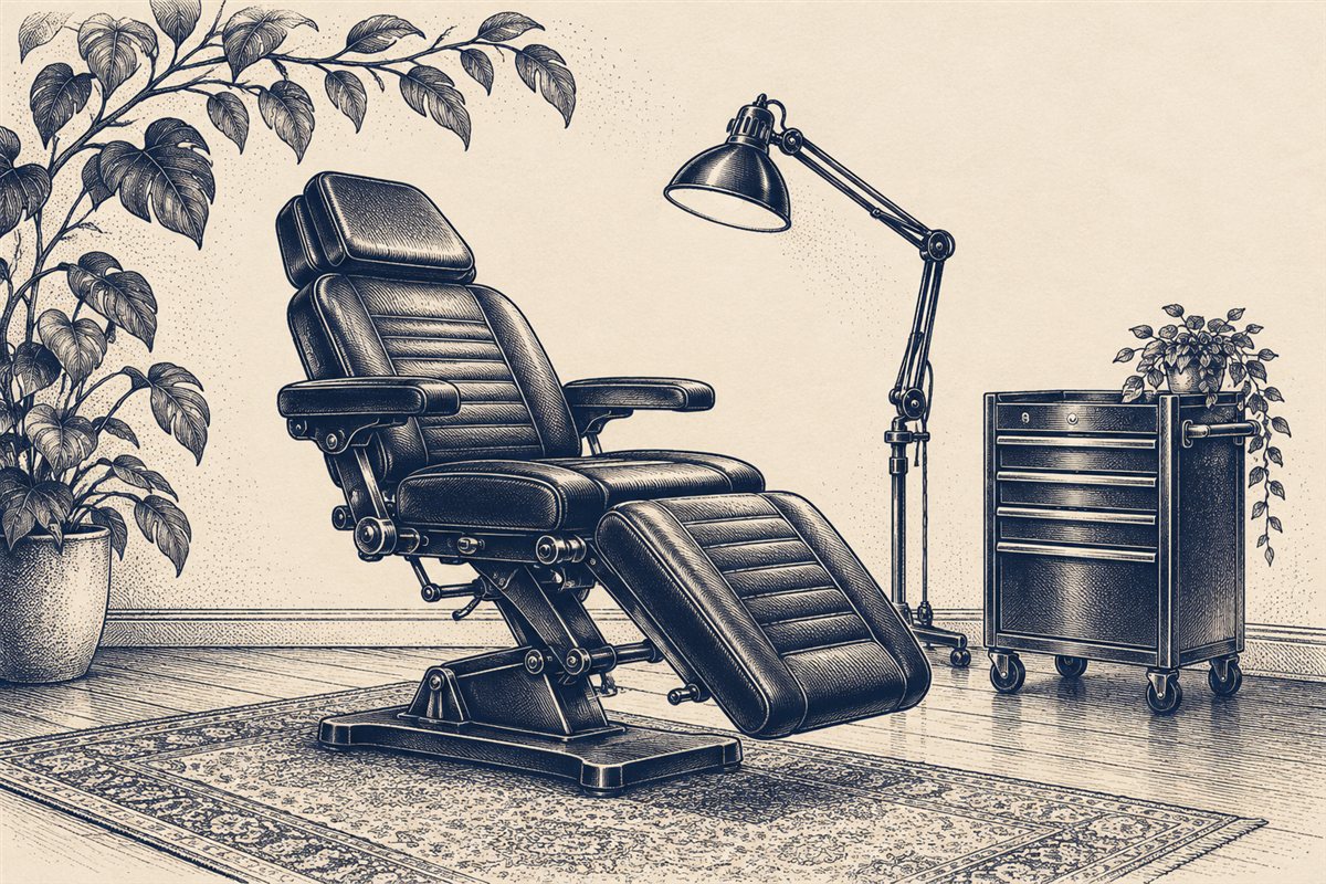 Midnight-blue engraved illustration of a treatment chair, task lamp and closed trolley
