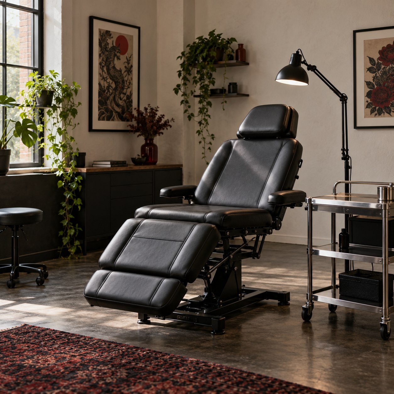 Black treatment chair in a warmly lit concept tattoo studio